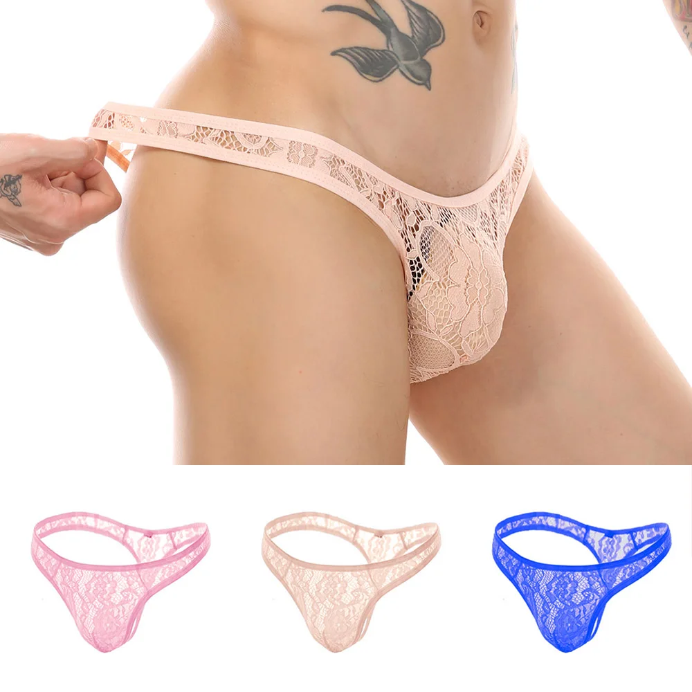 Sexy Mens Lace See Through Briefs Sheer Bulge Pouch G-String Bikini Panties Low Waist Thong Underpant Sissy Gay Erotic Underwear