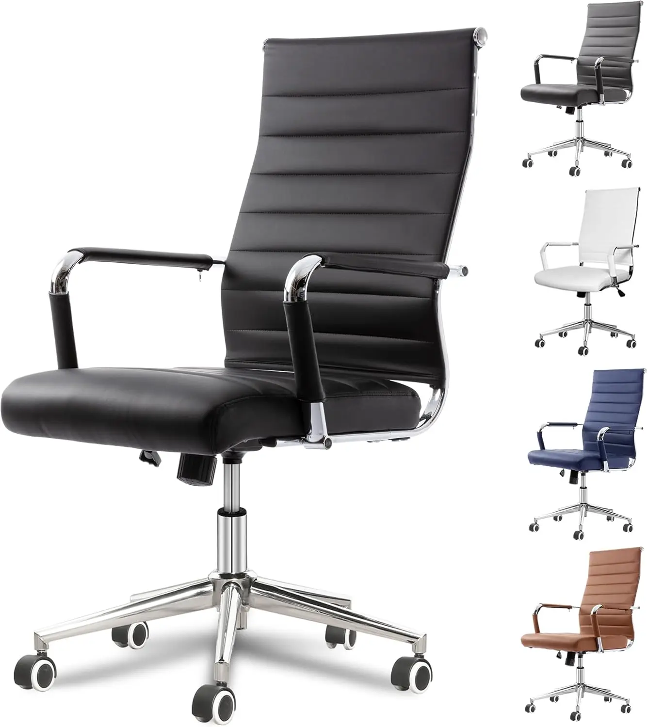 Office Desk Chair, Ergonomic Leather Modern Conference Room Chairs, Executive Ribbed Height Adjustable Swivel Rolling Chair for