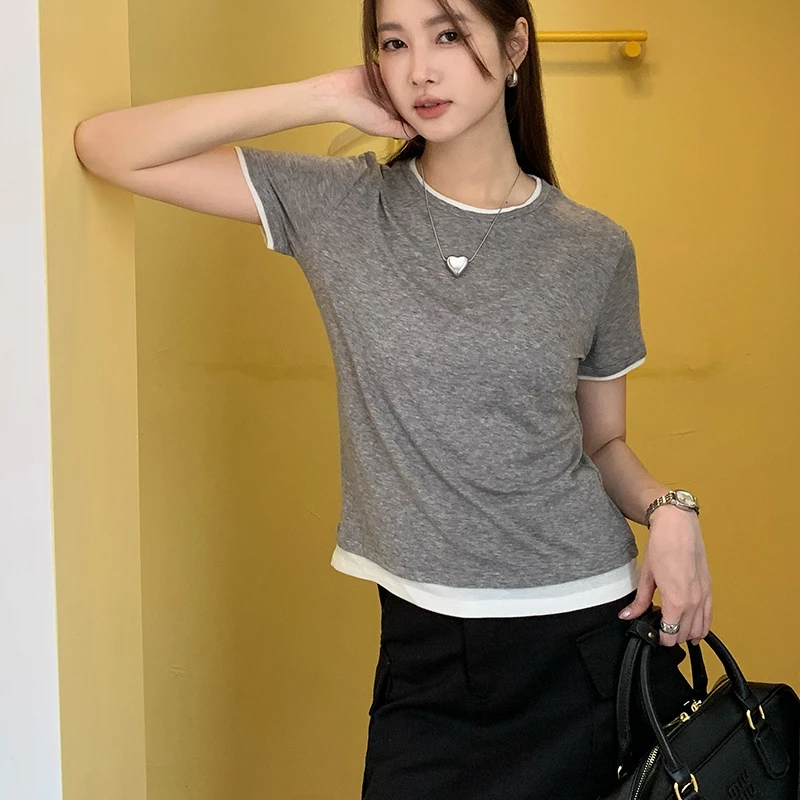 Clean Fit T-shirts Women Summer Slim Short Sleeve Fake 2 Pieces Simple Casual All-match Basics Students Stylish Female Clothing