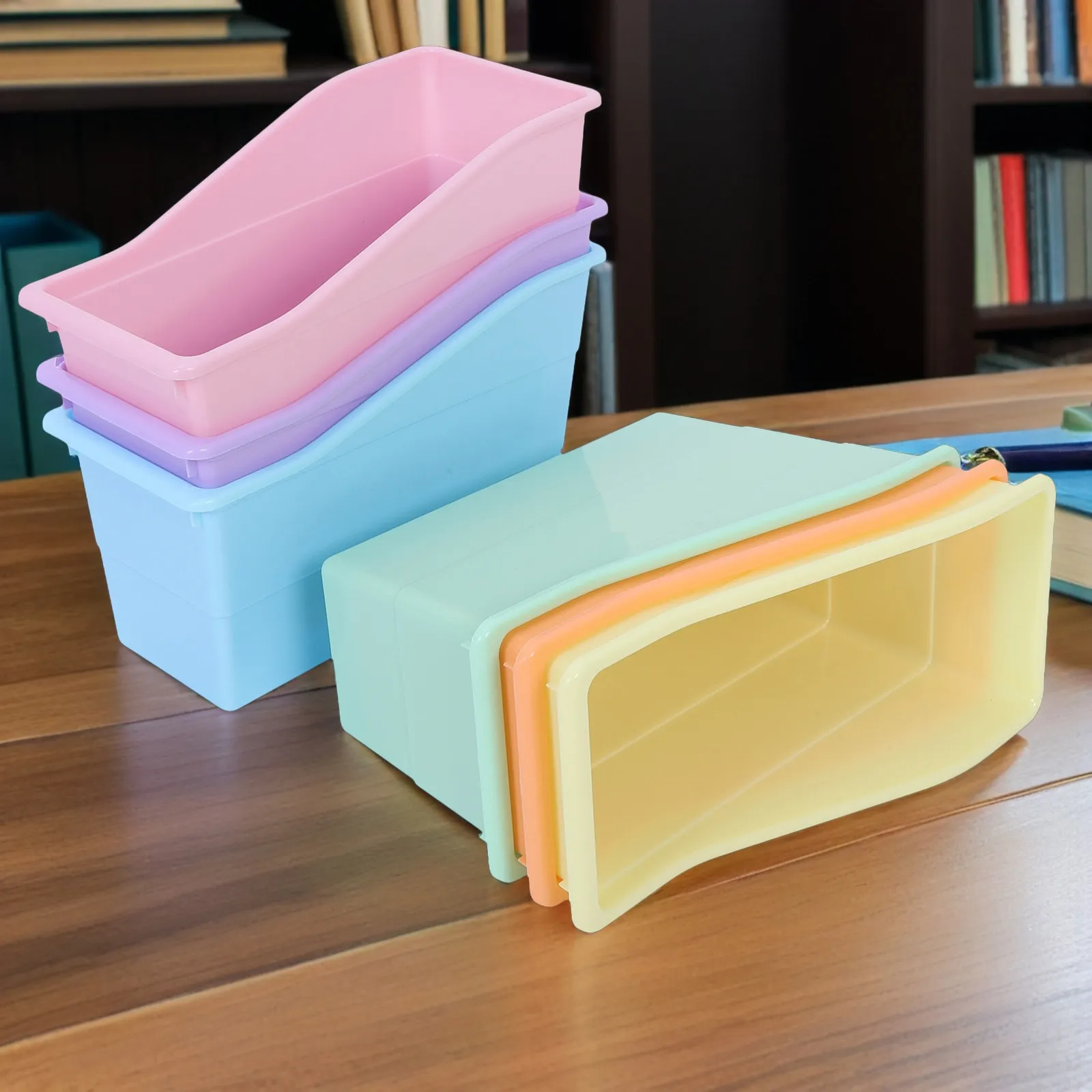 6Pcs Plastic Classroom Storage Bins Colorful Stackable Organizers for Student Desk Paper Book Holder Shelf Stationery Supply