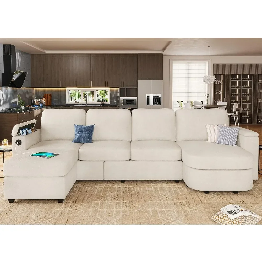 

Sectional Sofa Couch with Storage Seat, Chenille Convertible Sofa with Reversible Chaises, Sectional Couches with Ottomans