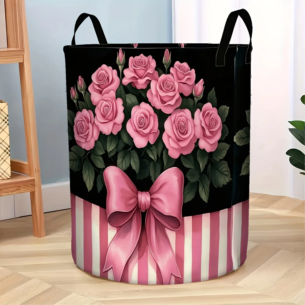 Pink Roses and Ribbon Storage Basket Open Laundry Basket and Storage Box Great for Apartments Dorm Rooms Laundry Spaces