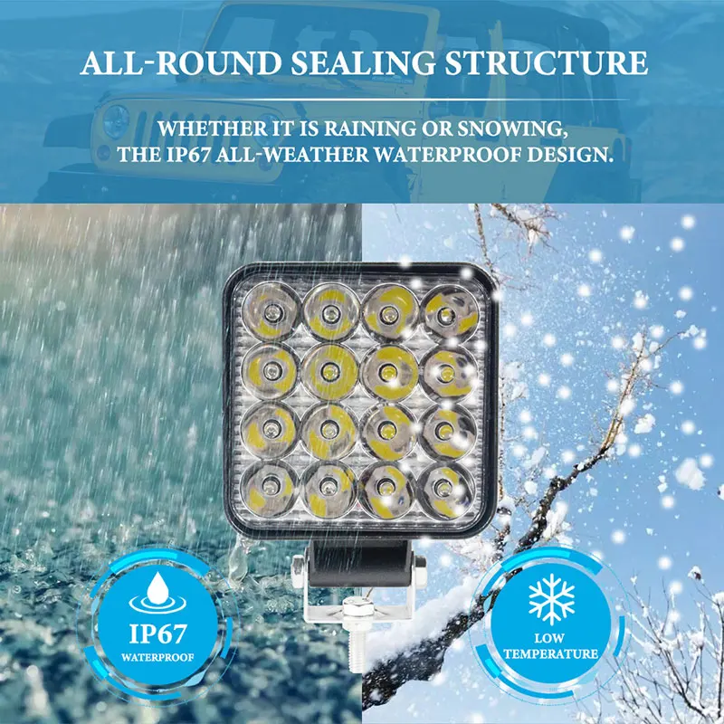 1/2Pcs Square 16LED 48W LED Work Light White Offroad Driving Fog Lamp Adjustable Bracket for Motorcycle Car Truck SUV 4X4 Boat