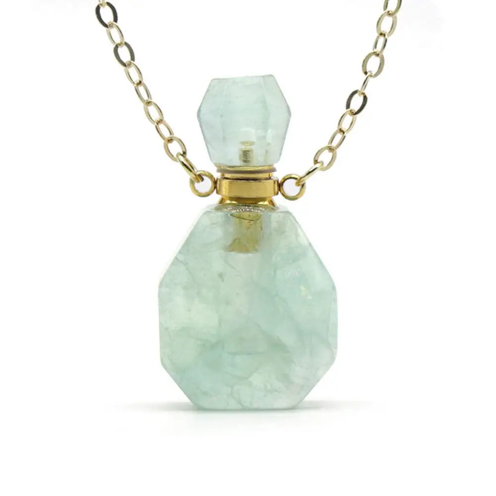 Natural Fluorite Crystal Mini Bottle Pendant Necklace Light Green Perfume Container Sealed Cap Hanging Jewelry