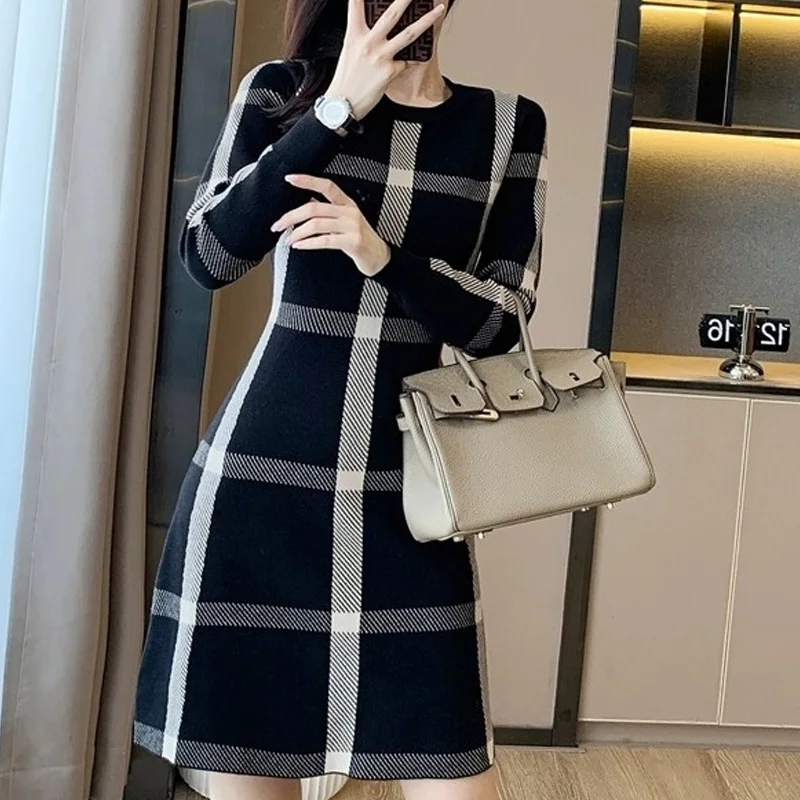 2023 New Autumn Winter Thin Casual Long Sleeve Pullovers Ladies Buttons Dresses Fashion Interior Lapping Slim Women\'s Clothing