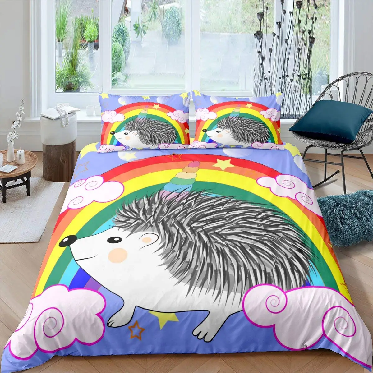 

Cartoon Hedgehog King Queen Duvet Cover Rainbow Iridescent Bedding Set for Kids Girls Boys Starry Sky Animal 2/3PCS Quilt Cover