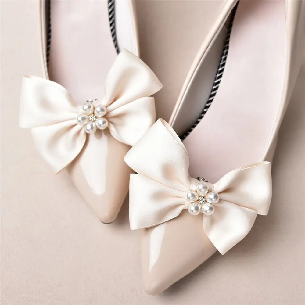 1Pair Elegant Bowknot Shoes Buckles Pearl Shoe Clips Women Removable Wedding Shoe Decoration Charms DIY Crafts