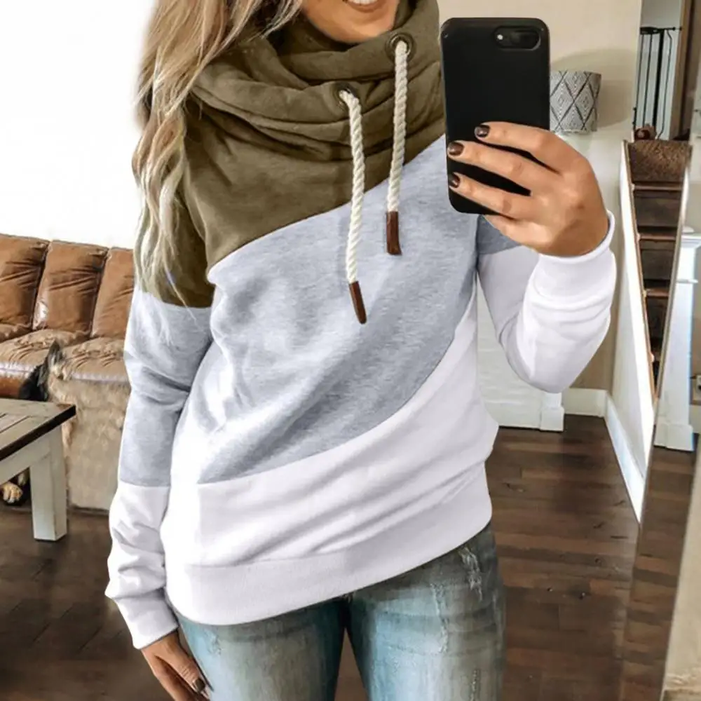 

Hoodies Women Cowl Neck Color Block Striped Drawstring Hoodie Pullover Sweatshirt Tops Women's Clothing Street Wear