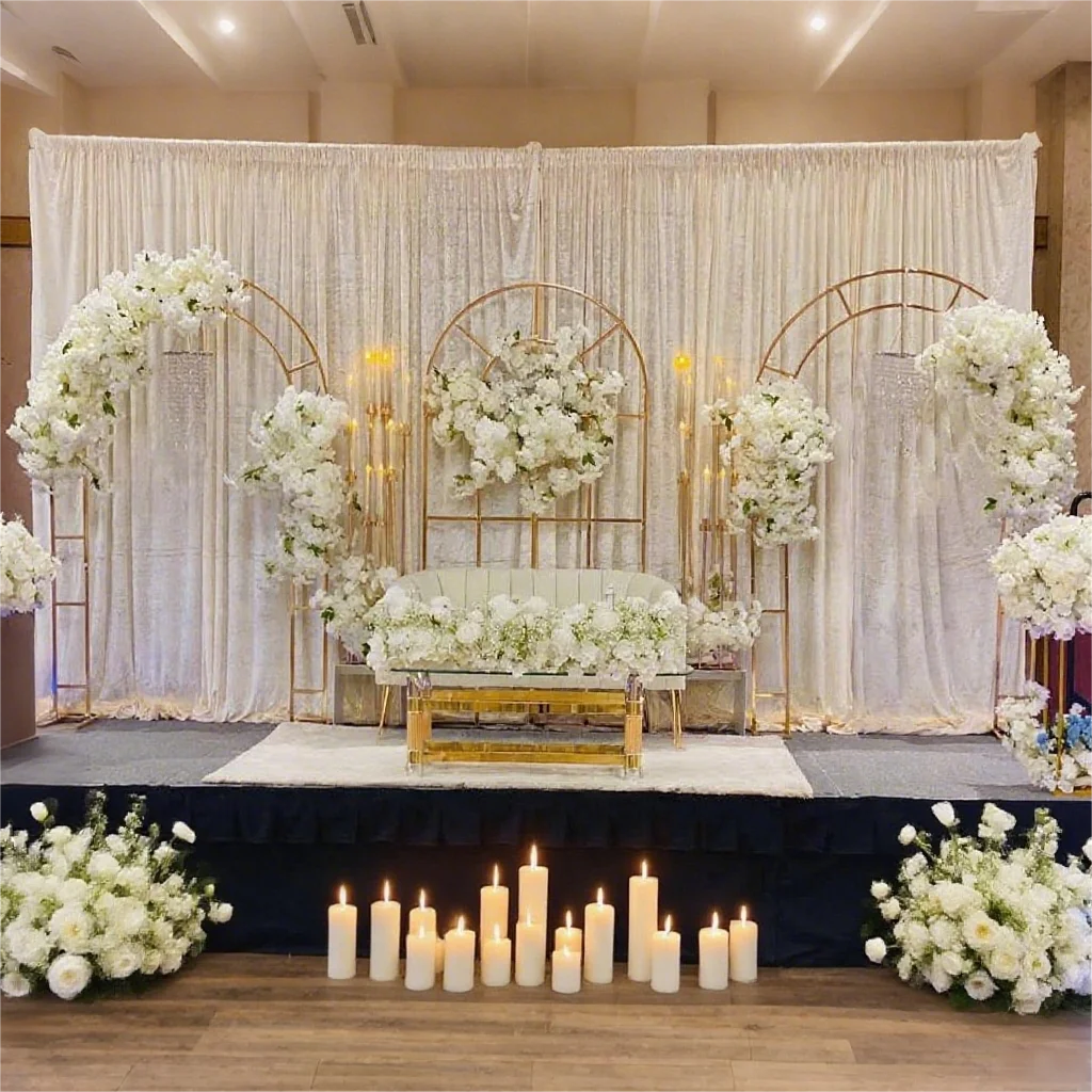 

Wedding wrought iron arch outdoor stage grid screen background frame forest layout for party, festival celebration decoration