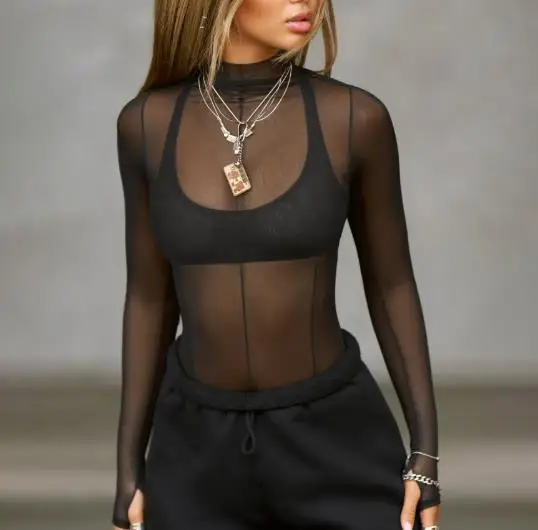 

Популярная женская прозрачная блузка с длинным рукавом 2026 года, облегающая сетчатая рубашка с воротником-стойкой