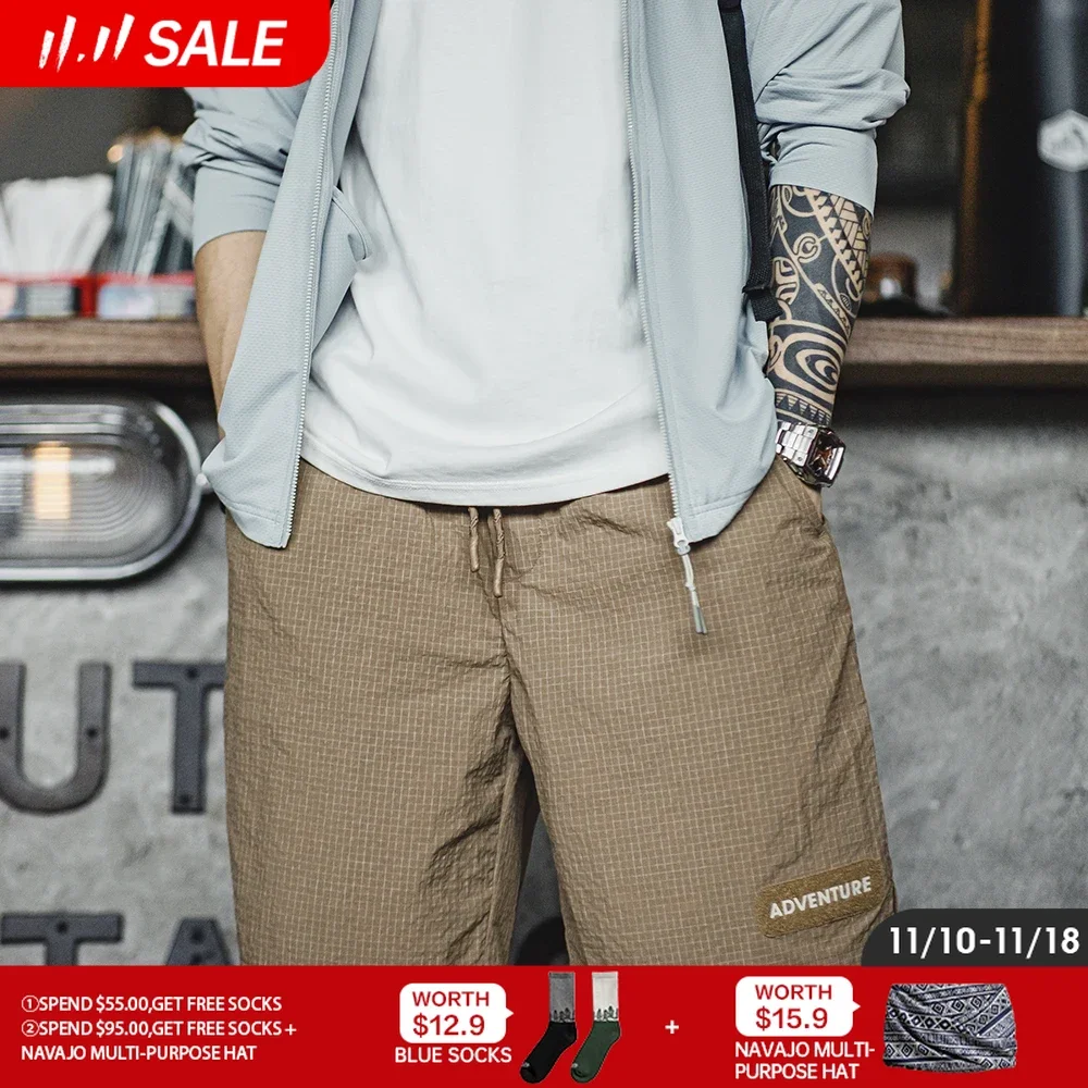 Maden Casual Plaid Functional Shorts with Woven Thin Wrinkled Straight Five-point Beach Pants for Men's Summer