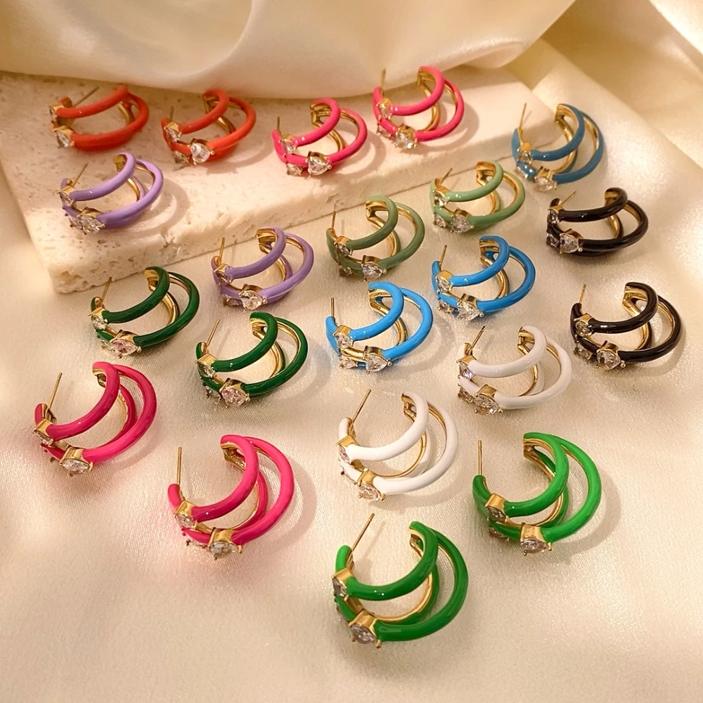 

CARLIDANA High Quality Women Enamel Stainless Steel C Shape White Zircon Inlaid Heart Earring Jewelry Girls Tarnish Free Jewelry