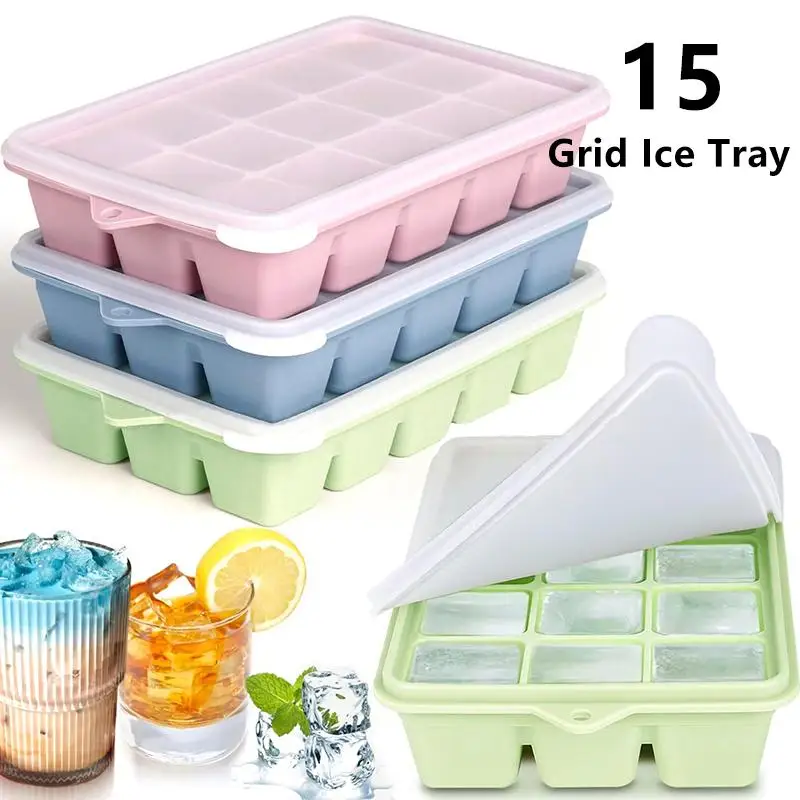 Large Stackable DIY Ice Making Tray 15 Grid Square Food Grade Silicone Ice Cube Mold Household Freezer Tool