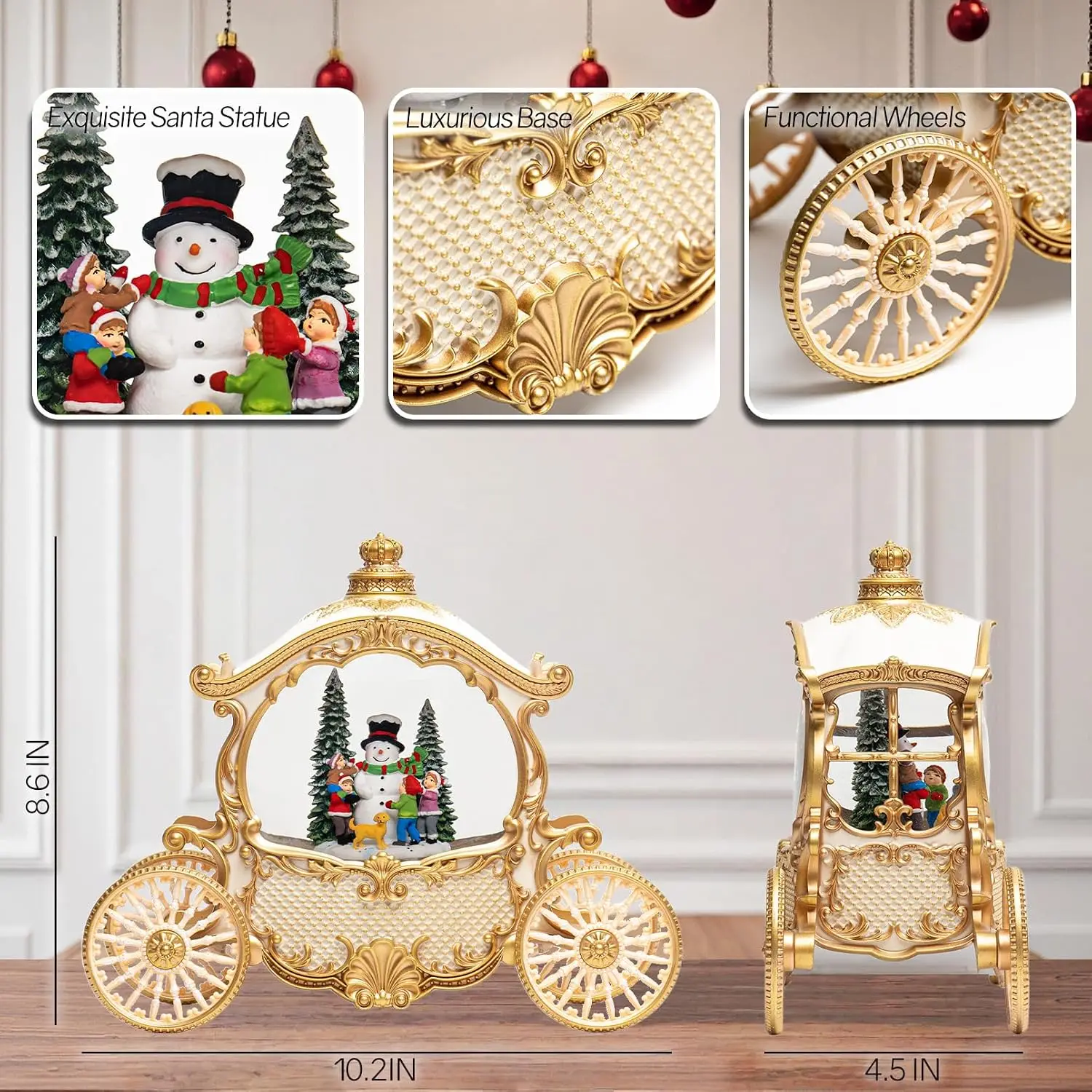 Christmas Carriage Snow Globe Lantern in White with Gift Box - Glitter Water Lantern Featuring Snowman Scene and Musical LED Light
