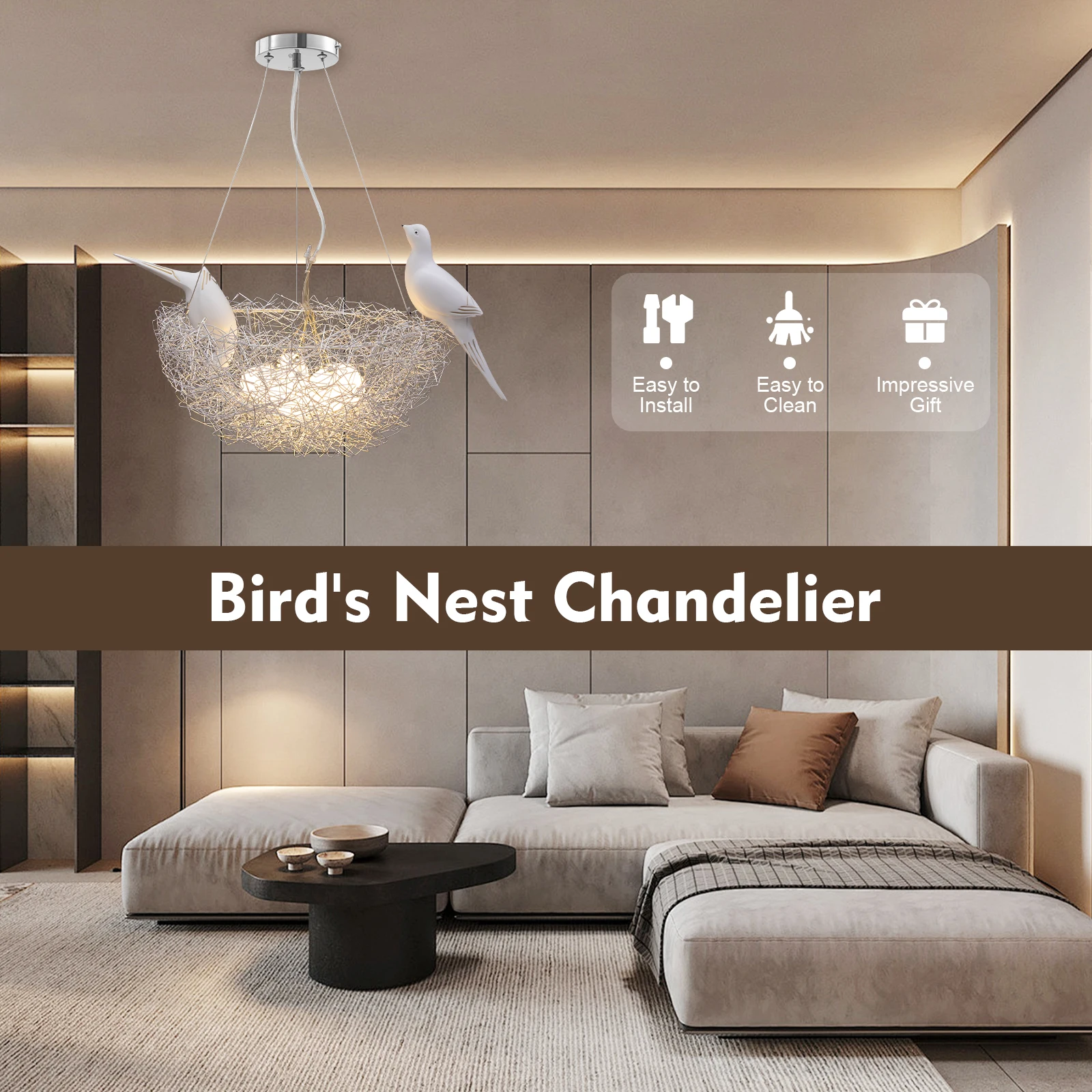 

Bird Nest Chandelier Silver Iron Aluminum Resin Glass 5 G4 LED Bulbs 5W Warm Light Ceiling Mount Adjustable Height