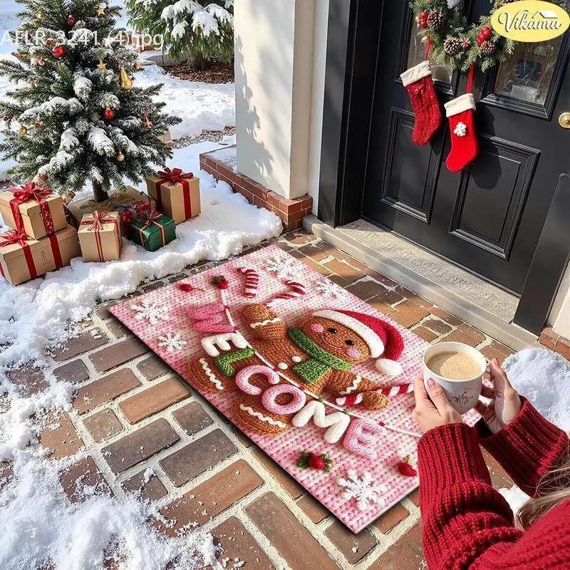 VIKAMA Pink Welcome Gingerbread Entryway Rug Non Slip Low Profile Mats for Outside Front Door Xmas Winter Decor Washable