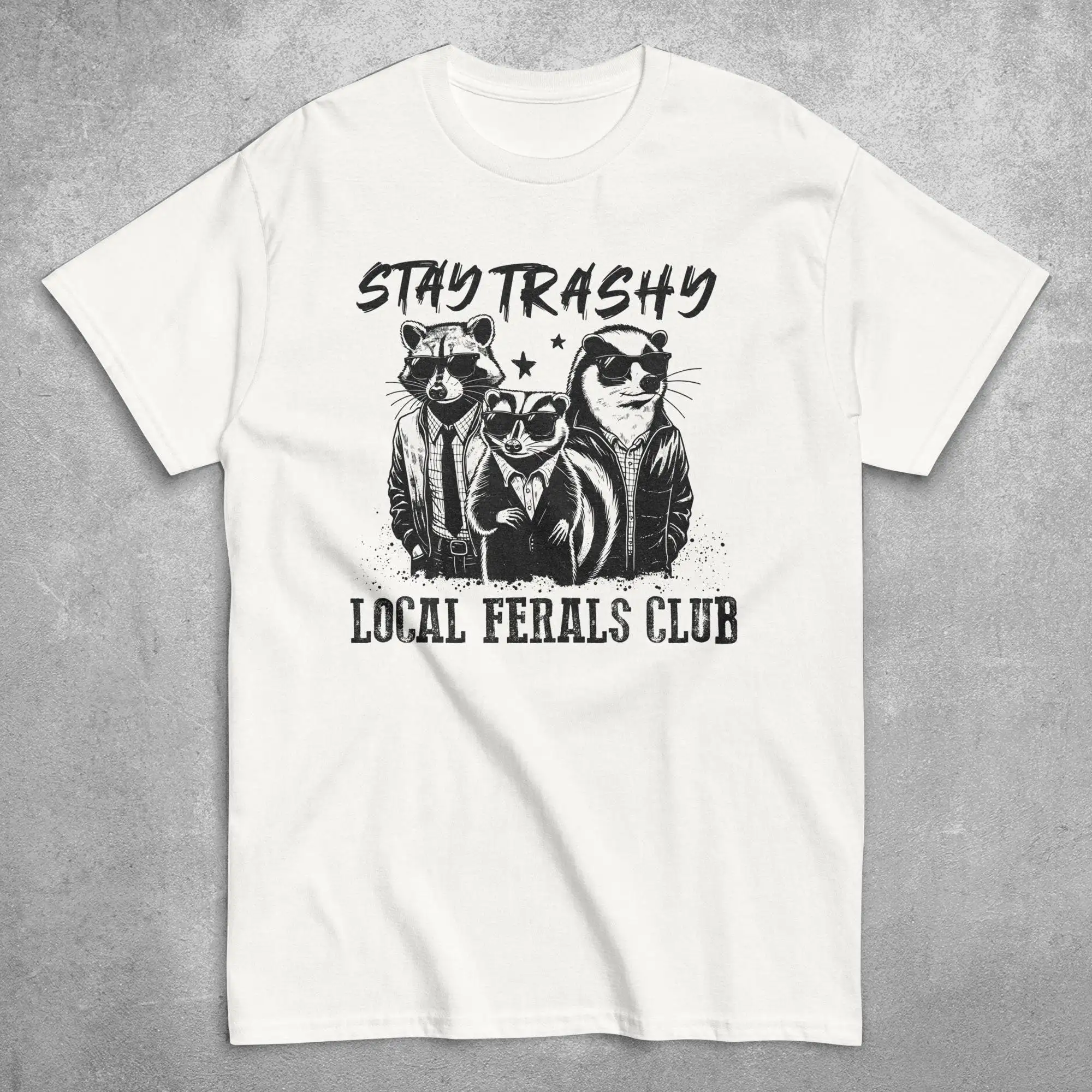 Stay Trashy Retro T Shirt Funny Raccoon Opossum Skunk Sarcastic Animal Lover Humor Meme Quirky Wild Design