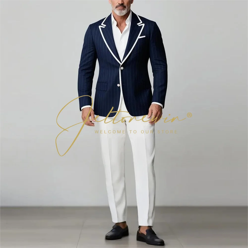 Men's Suit Navy Blue Pinstripe Blazer with White Pants Set Formal Outfits for Gentlemen Stylish Business Casual Suits 2 Piece
