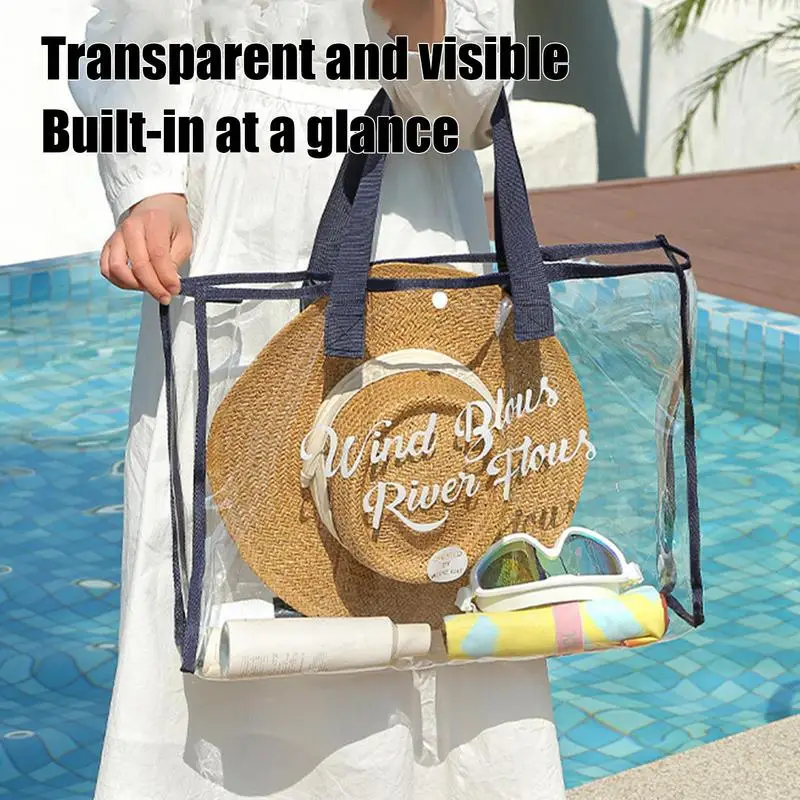 Transparent Bag See Through Tote Bag Waterproof PVC Tote Bag Large Clear Beach Bag Long Shoulder Strap Transparent Bag For