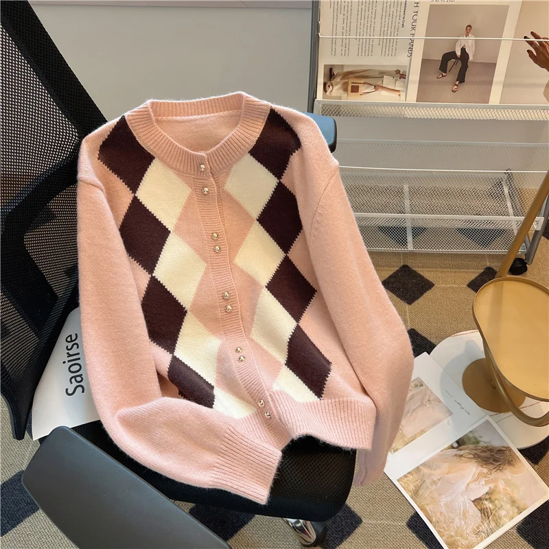 Women Checked Cardigan Loose Long Sleeve Knit Sweater Harajuku 90s Vintage Y2k Luxury Plaid Cashmere Sweater 2000s Clothes 2025