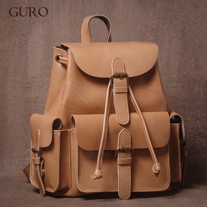 GURO High Quality Cowhide Backpack Women's Vintage Trend Weekend Travel knapsack Deluxe Design Genuine Leather Girls School Bags