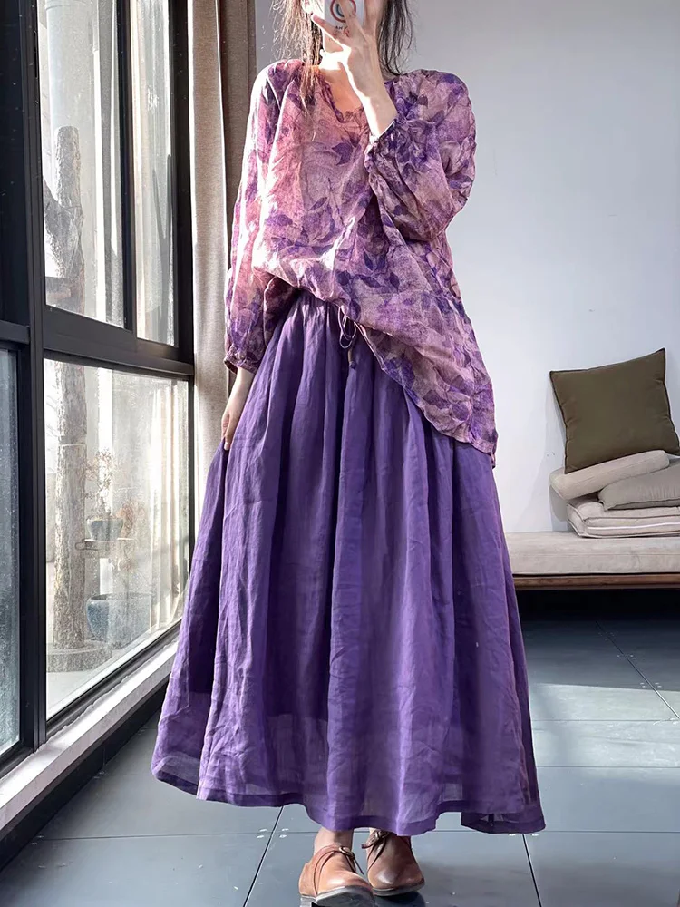 Conjunto de Dos Piezas de Falda Midi y Csa de Lino y Aodón Estampado, Estilo Dulce, Hoado, Manga Larga, Cuello Redondo...