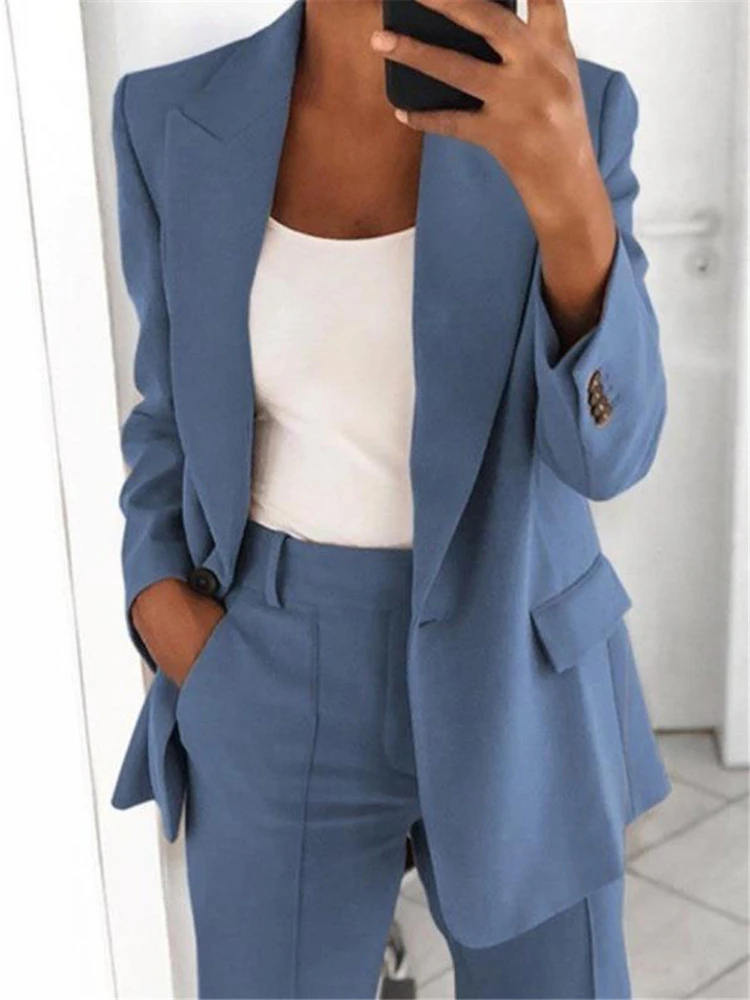 Suit Jacket Women Blazer Two Piece Set Clothse Solid Office Lady Clothing Long Sleeves Overcoat Autumn Winter Temperament Outfit