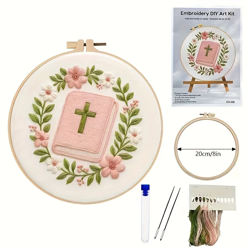 A Complete Set Of Bible Books And Winter Church Scene Embroidery With Cross Doves - DIY Religious Cross-stitch Craft, Including