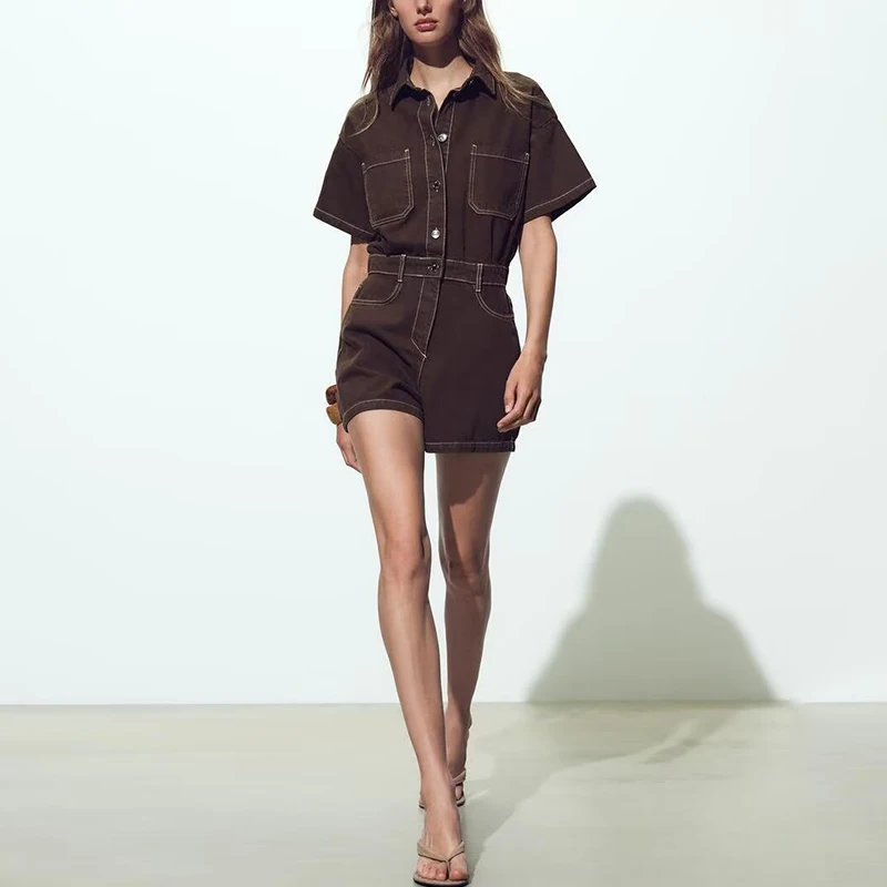 ชุดเอี๊ยมเดนิมทรงสลิมแบบยาวสำหรับผู้หญิง แฟชั่นฤดูร้อน 2025 ผลิตจากเส้นใยโพลีเอสเตอร์