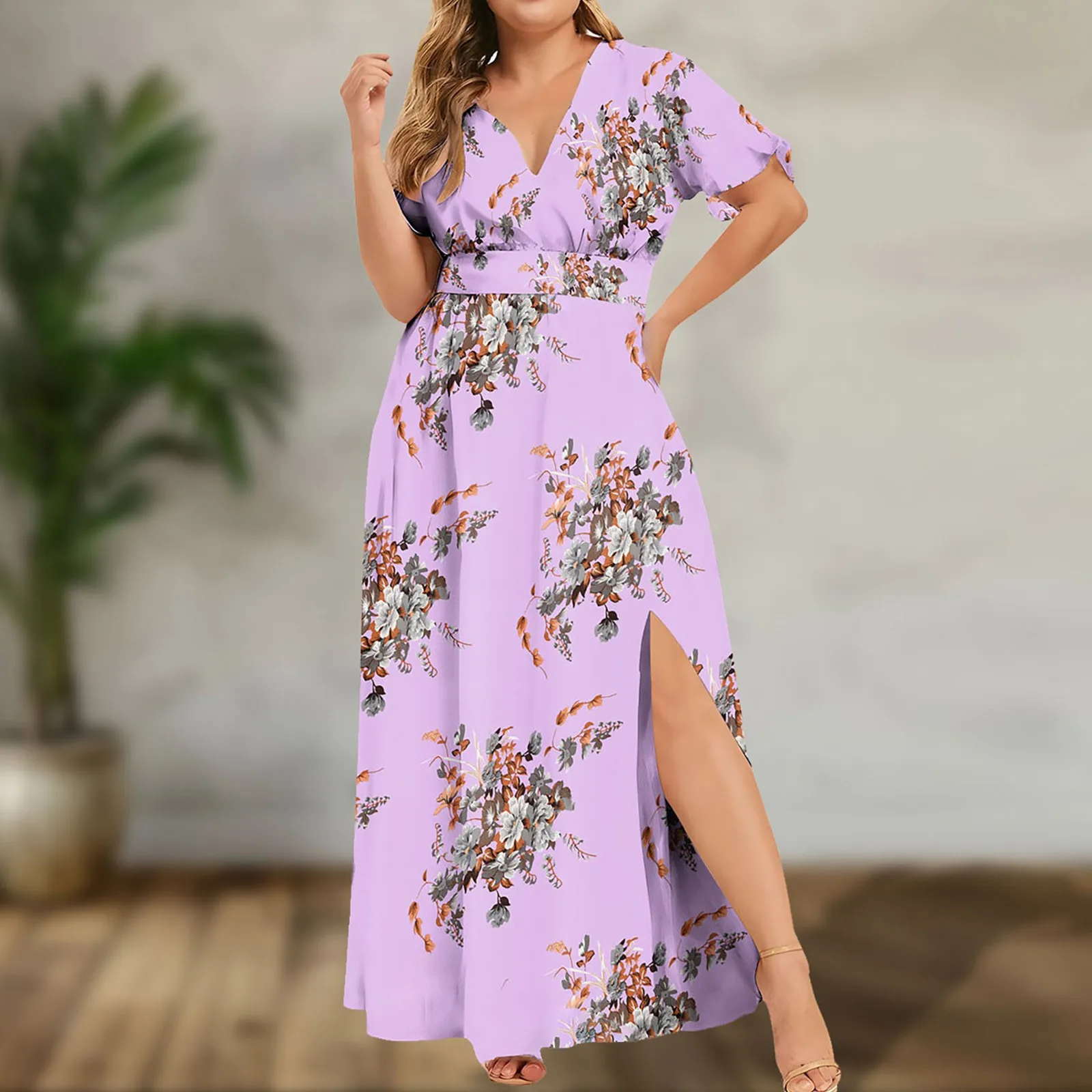 

Vintage Floral Printing Long Maxi Dress Women V-Neck High Waisted Vacation Dresses Short Sleeved Slit Sexy Elegant Dress