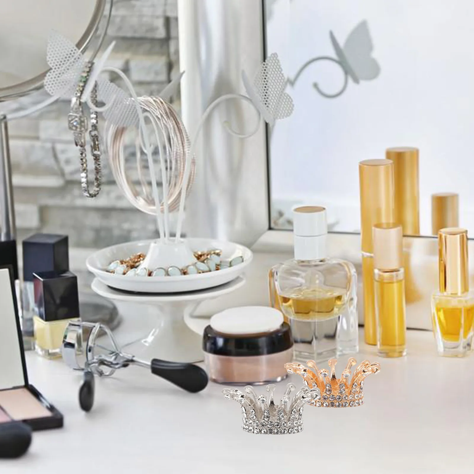 

2pcs Retro Crown Pen Holder Crystal Glass Nail Art Dish For Manicure Tools Storage Alloy Brush Stand Color Mixing Plate