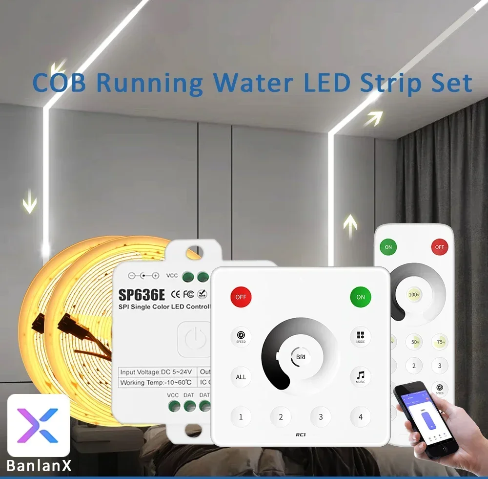 COB Running Water LED Strip Lights 24V WS2811 Chasing Tape Lamp Bluetooth APP Control 5M 10M 15M 20M Sequential Linear Lighting