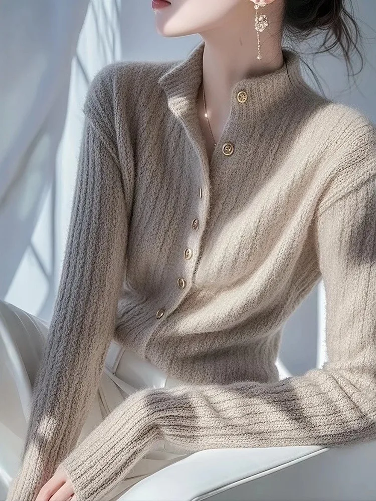 

Oaeal Knitted f High Collar Sweater Cardigan Women's Base irt Trendy Commute Sle Long Sve Regular Fit Color