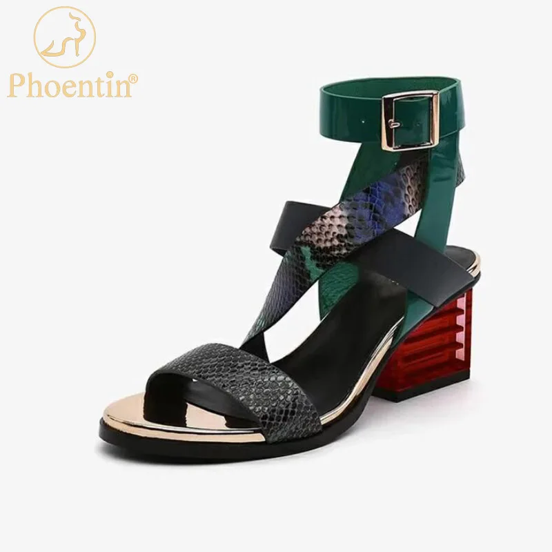 Phoentin Fashion Gladiator Sandals Women Cross Strap Transparent Square High Heel Genuine Leather Narrow Band Shoes new FT1944