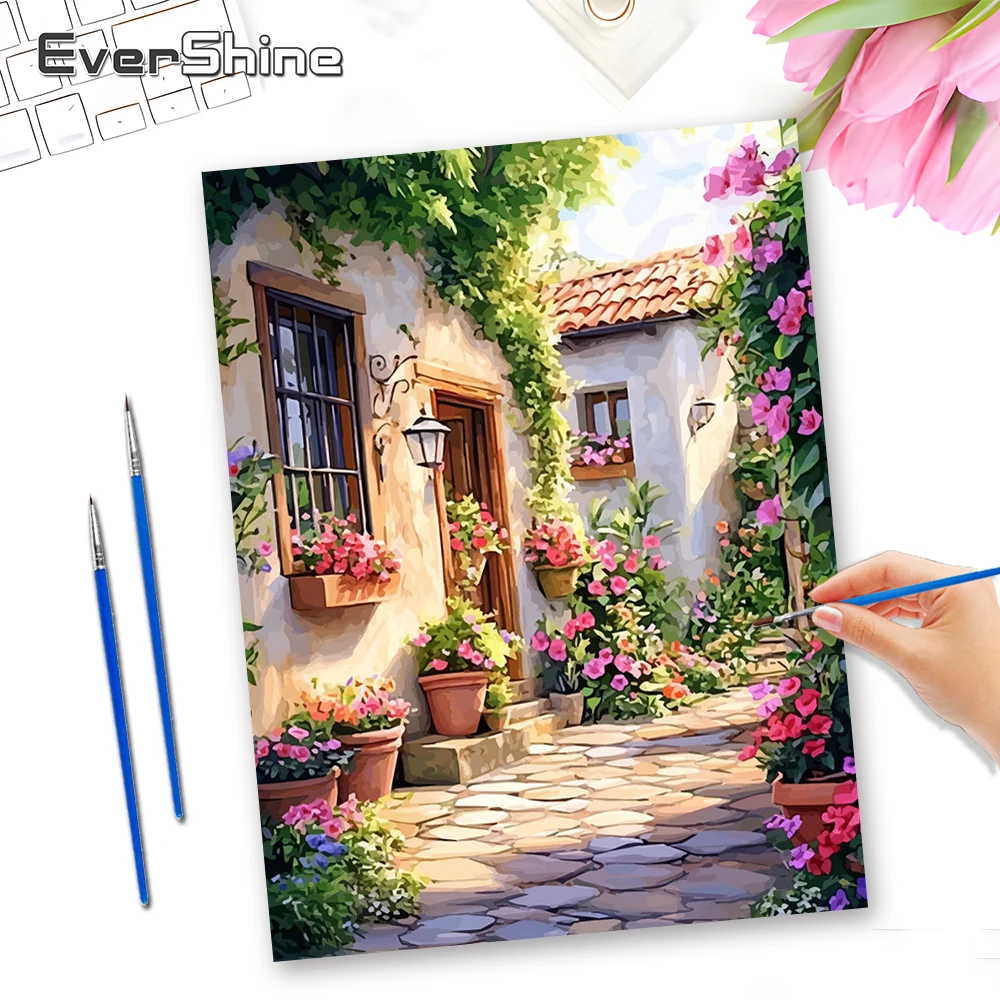 EverShine DIY-Ölgemälde nach Zahlen, Straßenlandschaft, Malen nach Zahlen für Erwachsene, Hauszeichnung auf Leinwand, Blume, handgefertigtes Geschenk