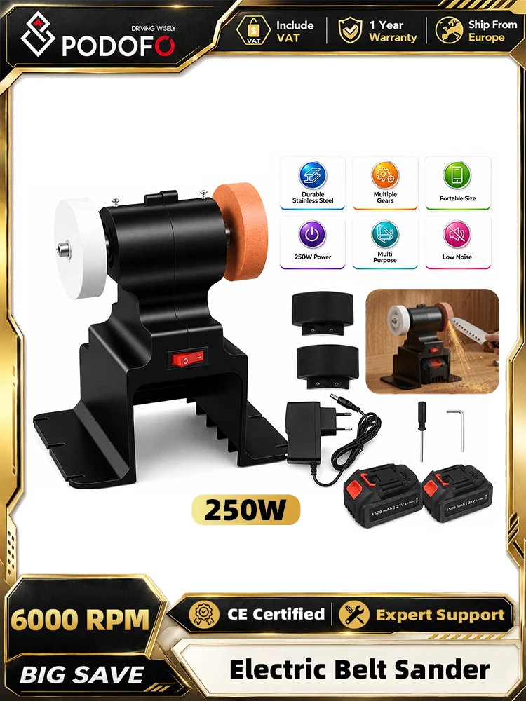 Podofo 250W Bezprzewodowa Mini Szlifierka Taśmowa Stołowa 6000RPM Ostrzałka do Noży z 2 Bateriami do Metalu, Drewna, DIY, Polerowania, Szlifowania, Rękodzieła — 2
