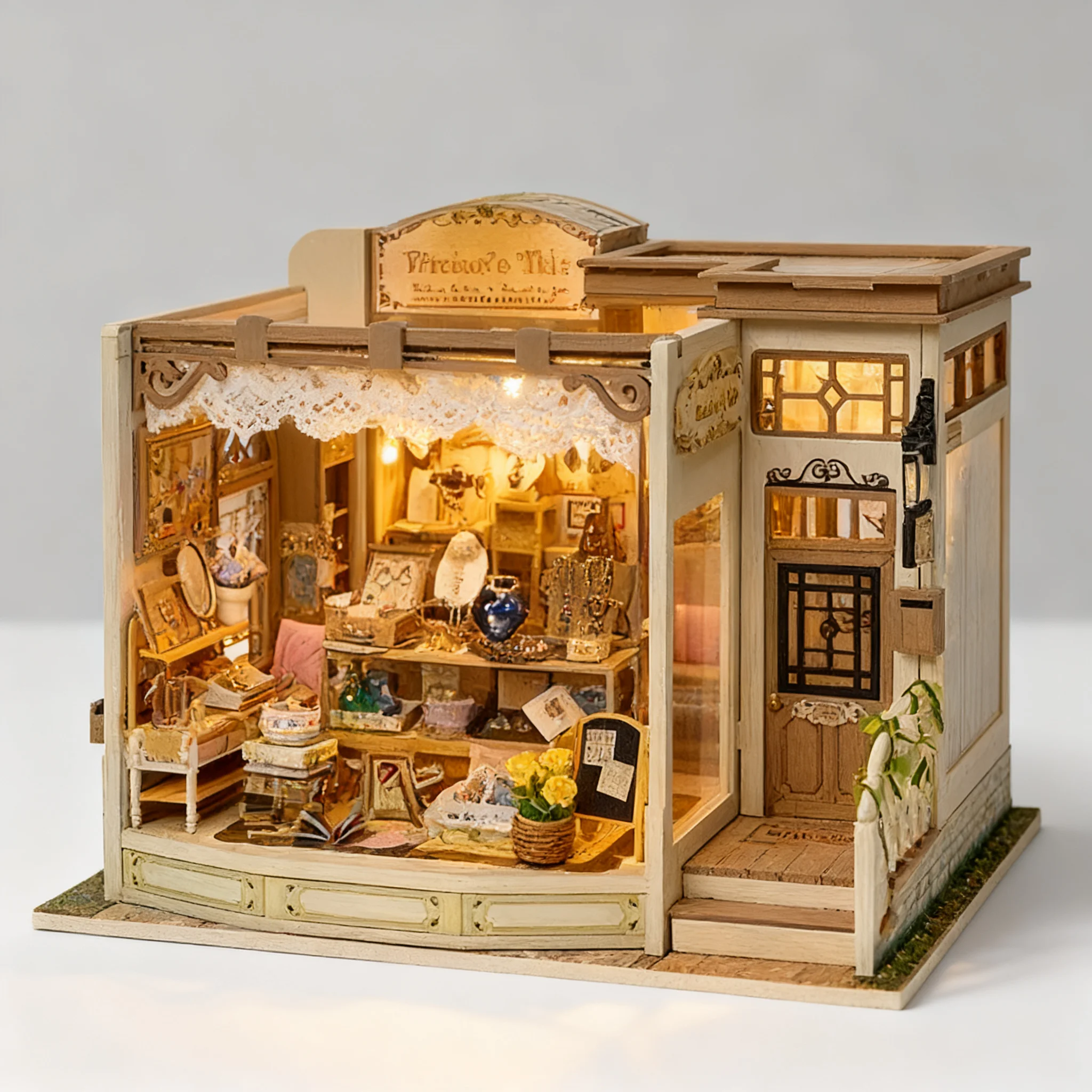 Build a secret jewelry shop that glows. Warm LED lights illuminate the crystal chandeliers, tiny ring displays, and pearl string