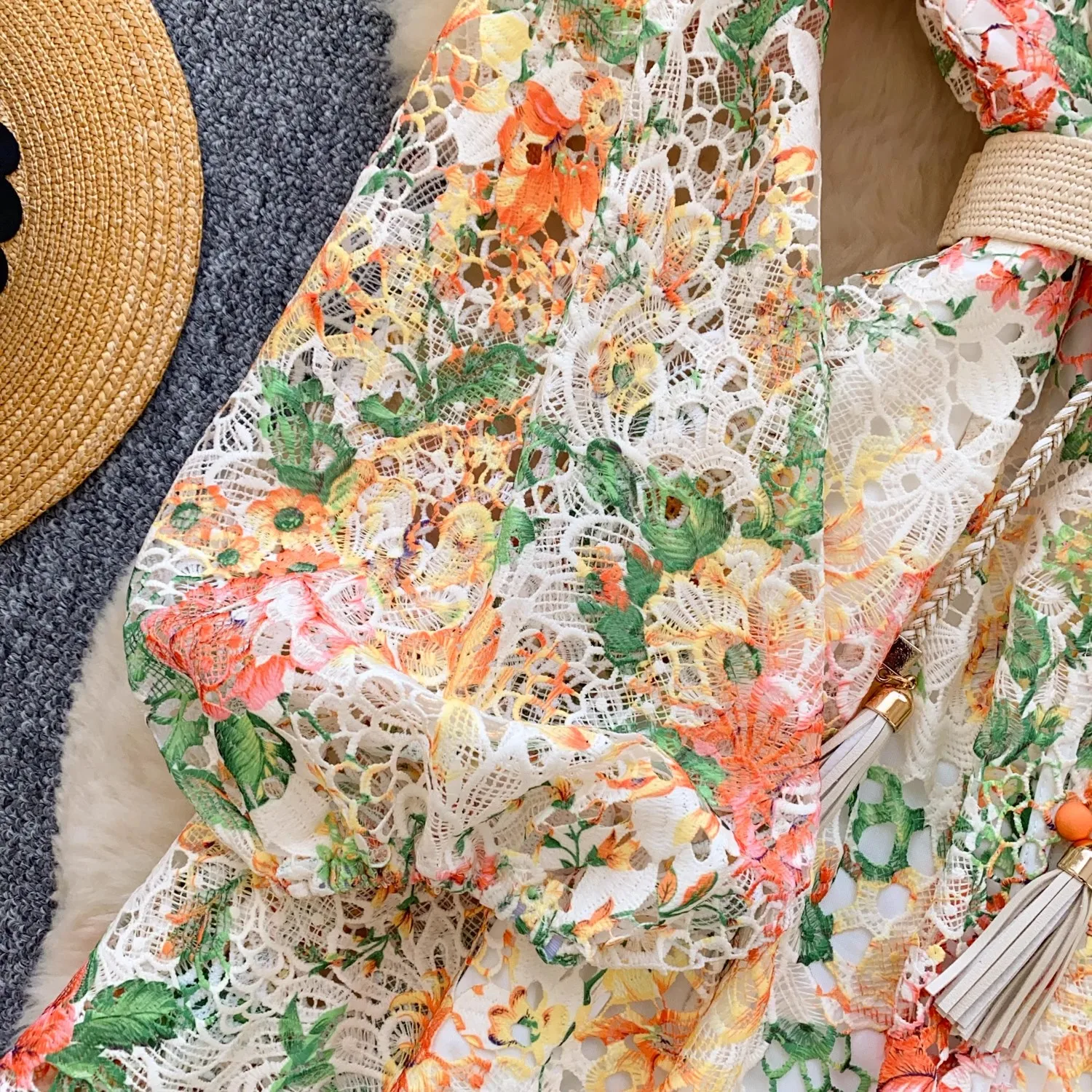 Summer Fashion Embroidery Flower Dress Women's Stand Crochet Lace Hollow Out Stitching Belt Print Prom Party Robe Mini Vestidos