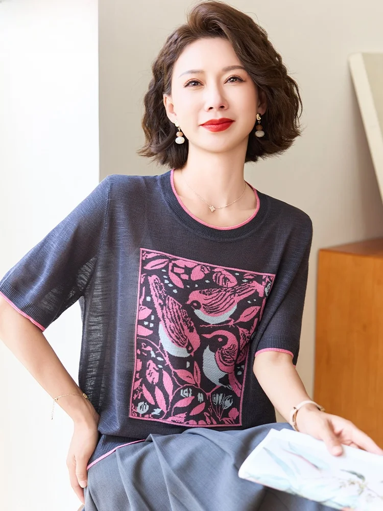 

Модная трикотажная футболка из ледяного шелка с коротким рукавом для молодых мам, женщин среднего и старшего возраста, летний топ свободного кроя с круглым вырезом