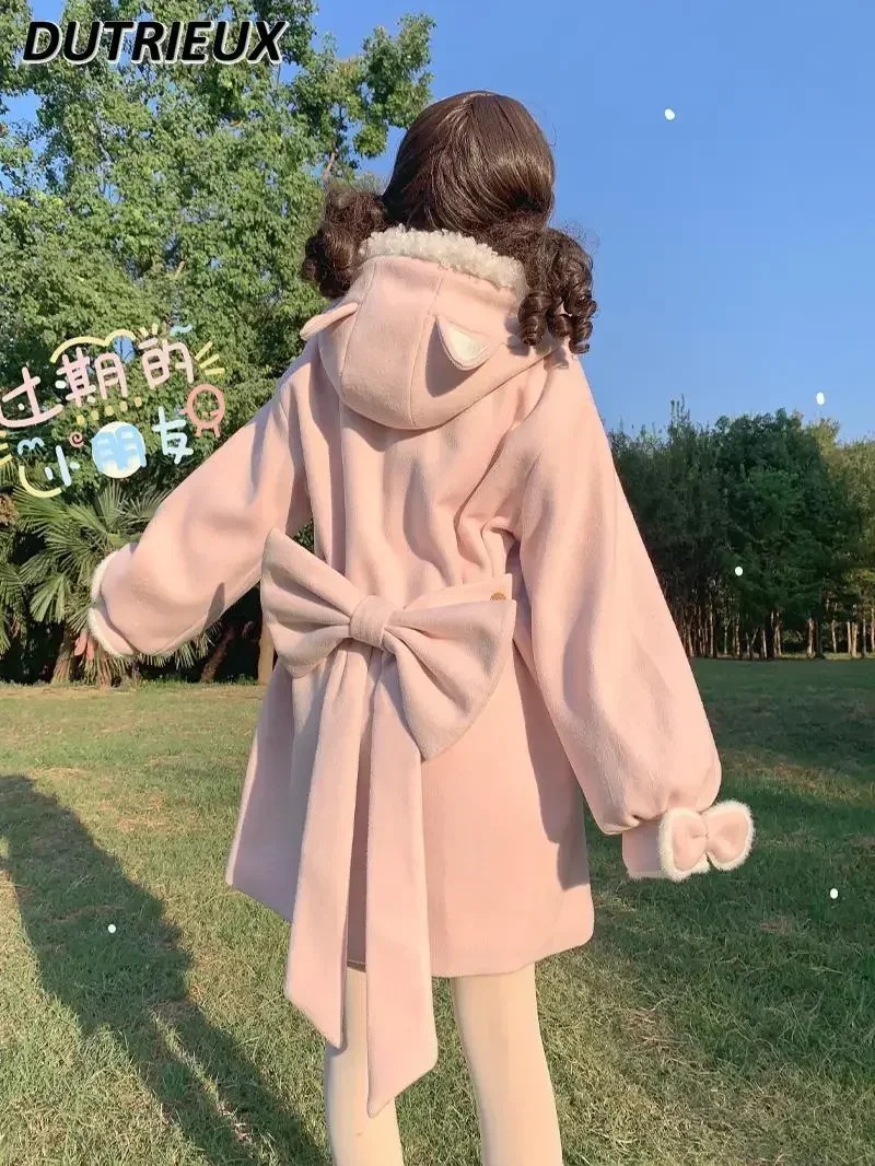 JK Hooded Pink Coat Uniform Cute Horn Buckle Autumn and Winter Sweet Double-layer Cotton Thickened Mid-length Overcoat