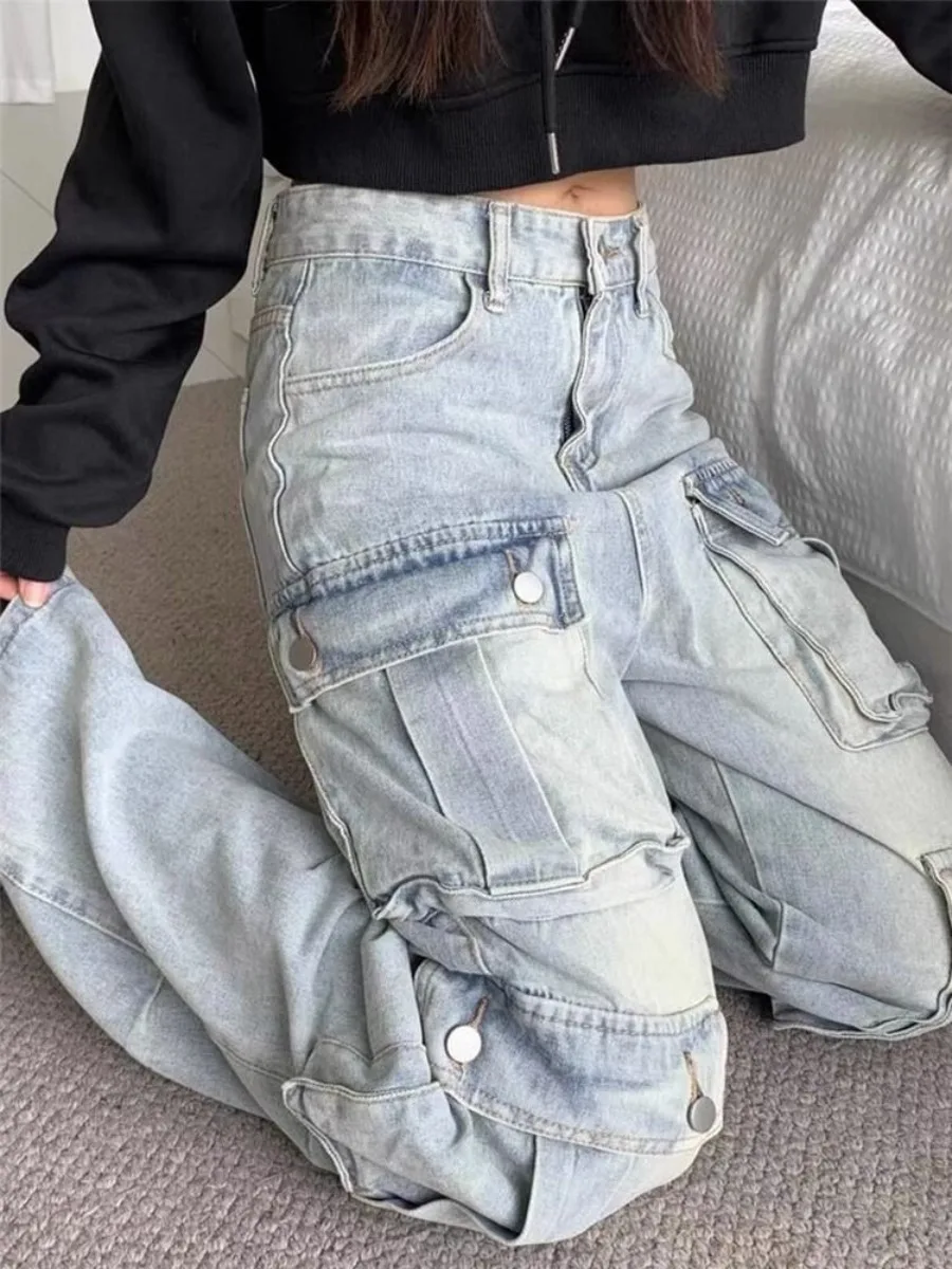 American Street Y2K Multi-Pocket Overalls Jeans Are Designed With A Loose Feeling High Waist And Slim Straight Wide-Leg Pants