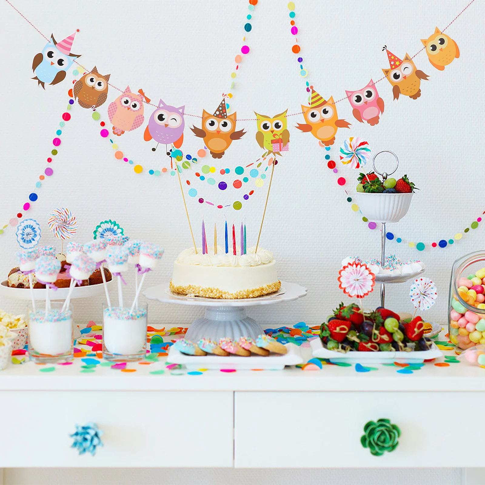 

Owl Garland Colorful Kids Banner Hanging Decoration Birthday Party Wall Window Mantel Double Sided Sturdy