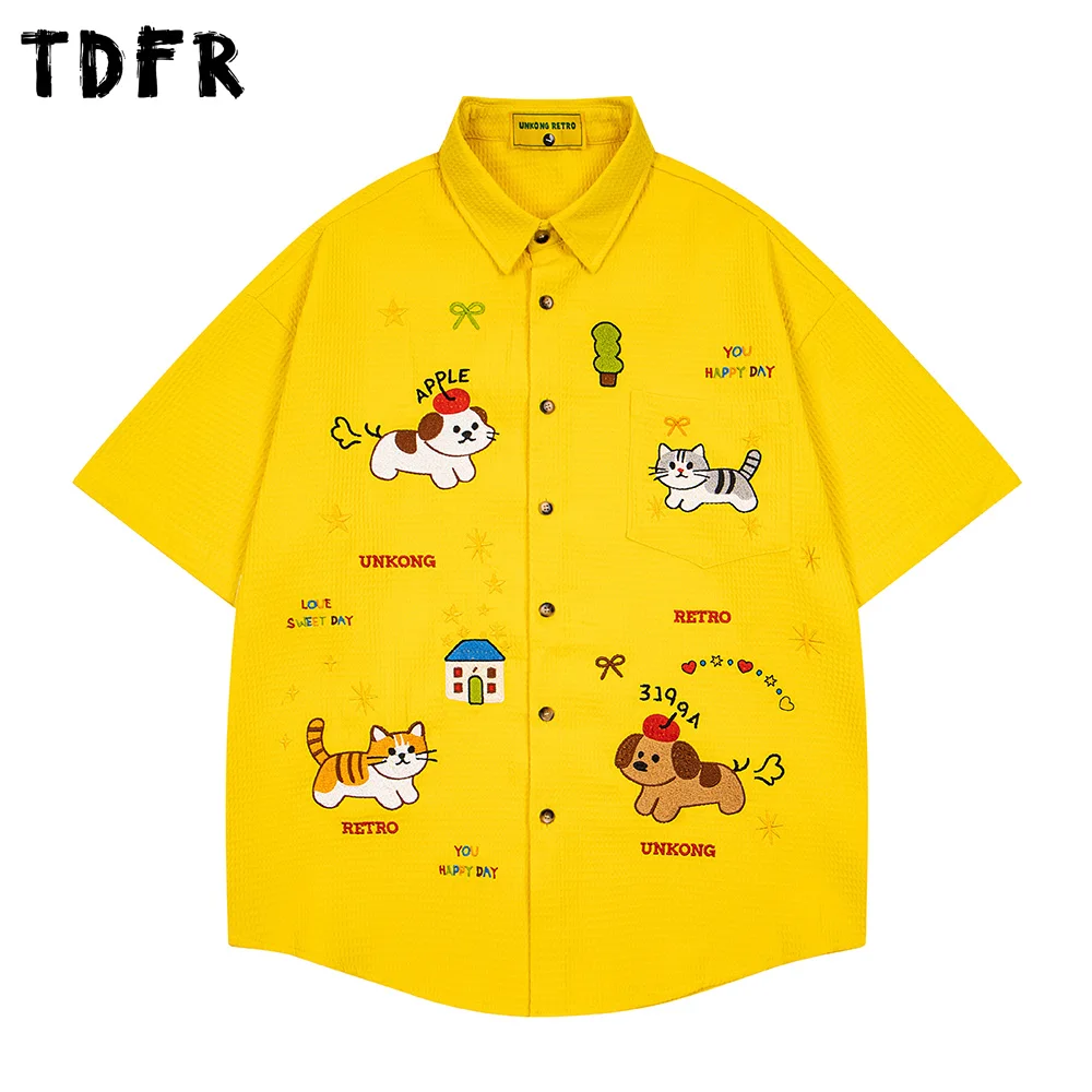 Cartoon Embroidery Short Sleeve Shirts Mens Summer Casual Lapel Single Breasted Curved Hem Half-Sleeve Waffle Texture Shirts