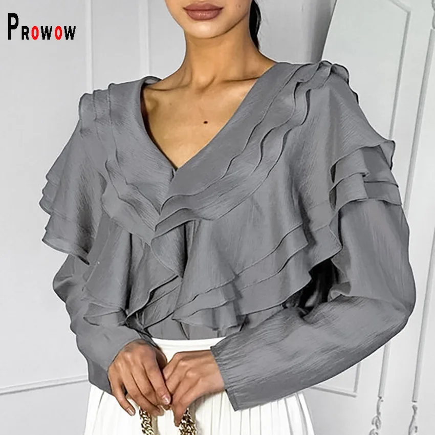 Prowow Women Blouses High Quality Silk Solid Female Tops Clothes Long Sleeve Rulle V-neck Office Lady Outfits Backless Lace Up