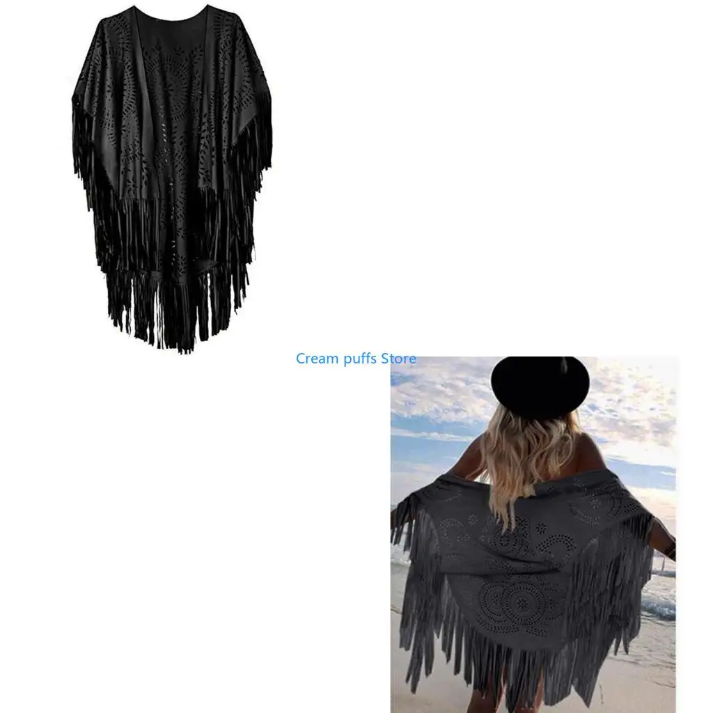 

50L Women Fringe Trim Randeveless Open Front Vest Jackets Cardigan Outwar