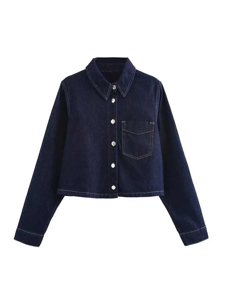 Willshela Women Fashion With Pocket Denim Solid Single Breasted Blouse Vintage Lapel Neck Long Sleeves Female Chic Lady Shirts