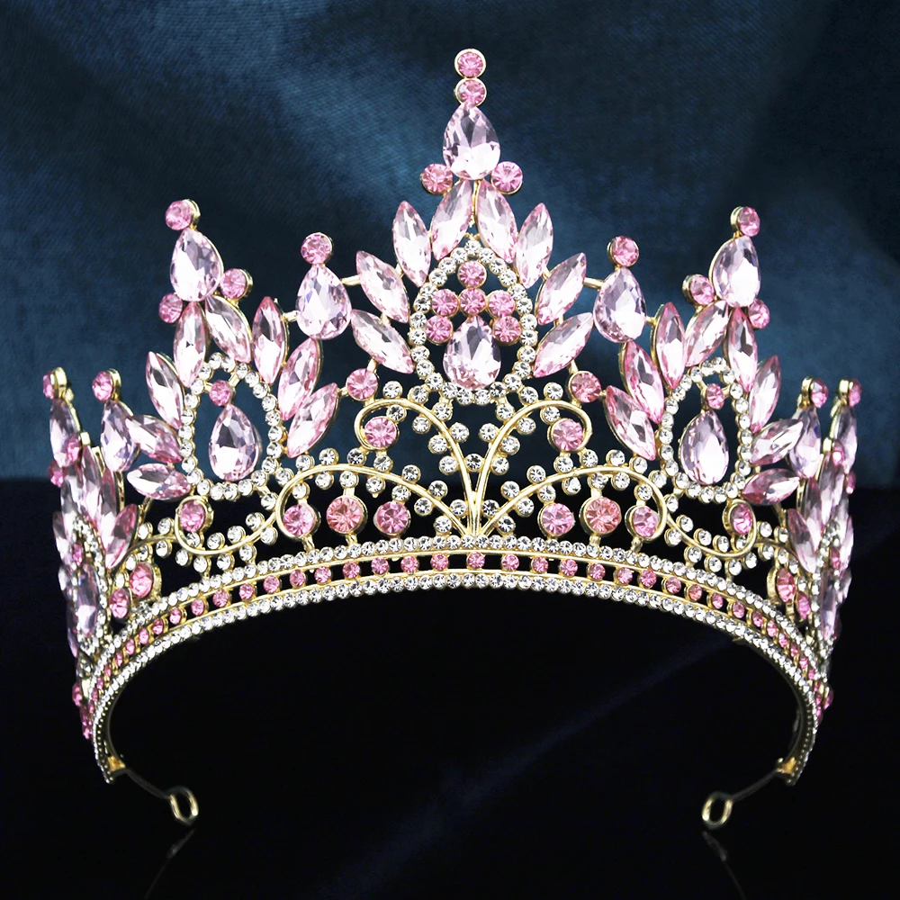 Pink Crystal Large Crown Diadem Blue Tiaras Crowns for Women Bridal Wedding Party Pageant High Crown Jewelry Gifts