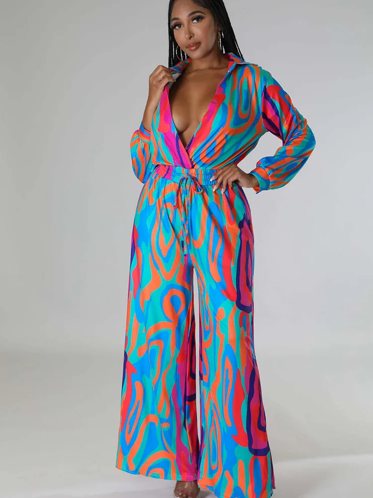 Multicolor Print Loose Wide Leg Jumpsuit Club Outfits for Women Elegance Cardigan Shirt Rompers Long Sleeve Night Party Overalls