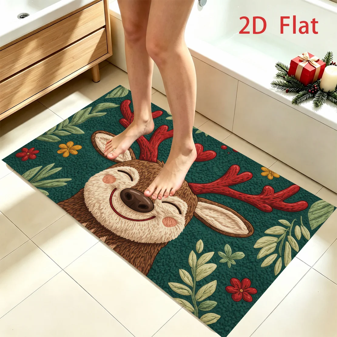 Christmas Deer Bath Mat, Fluffy Plush Absorbent Quick Dry Bathroom Rug, Non-Slip Xmas Holiday Decor with Red Berries Leaves