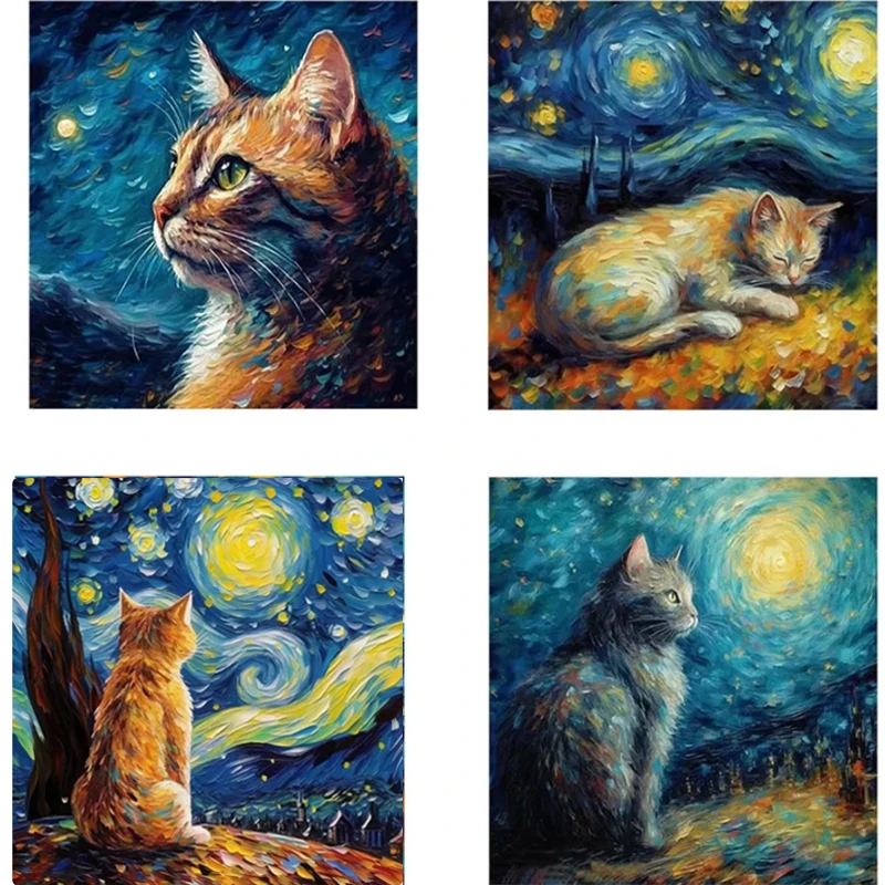 

5D Van Gogh Style DIY Diamond Painting Under The Starry Sky Rhinestone Diamond Embroidery Novelty Cat Mosaic Home Decoration